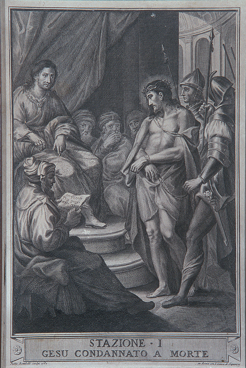 stazione I: Gesù condannato a morte (stampa, elemento d'insieme) di Bombelli Pietro Leone (ultimo quarto sec. XVIII)