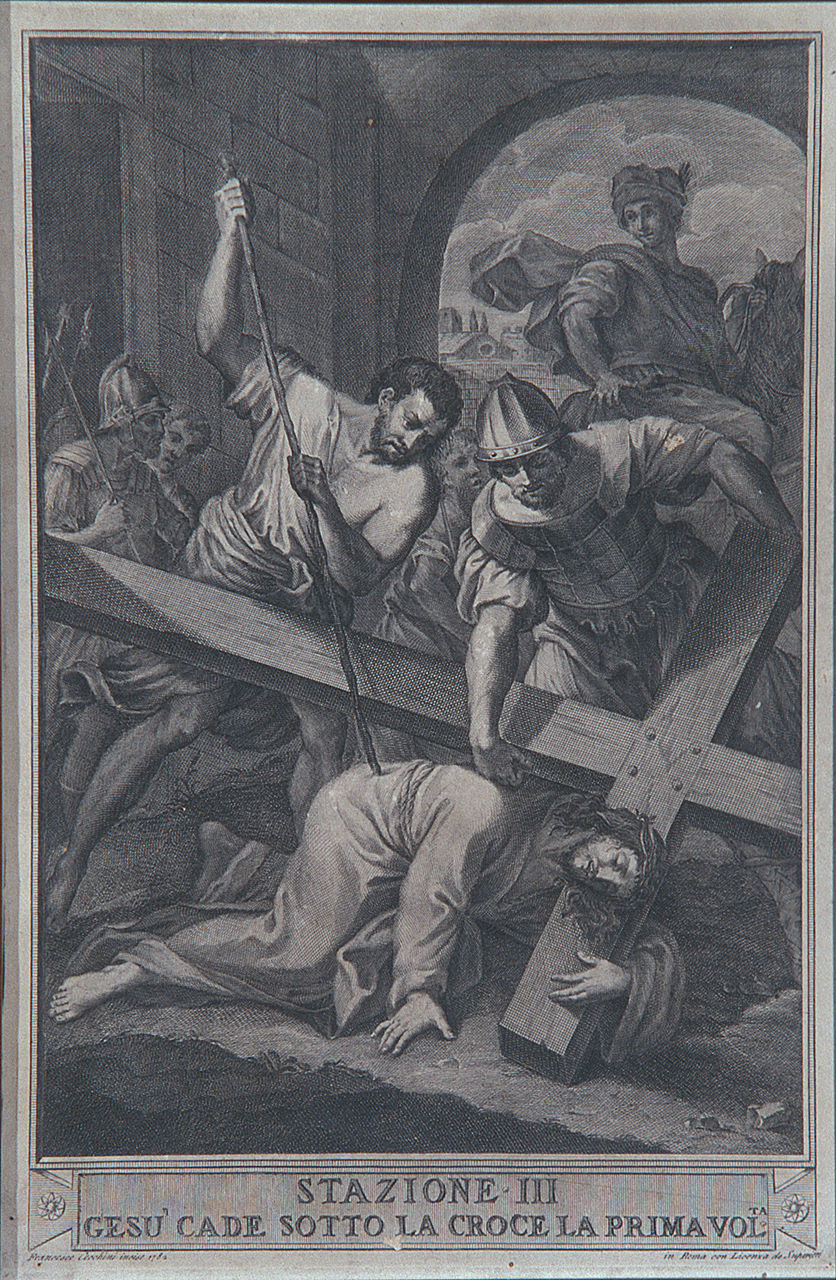 stazione III: Gesù cade sotto la croce la prima volta (stampa, elemento d'insieme) di Cecchini Francesco (ultimo quarto sec. XVIII)