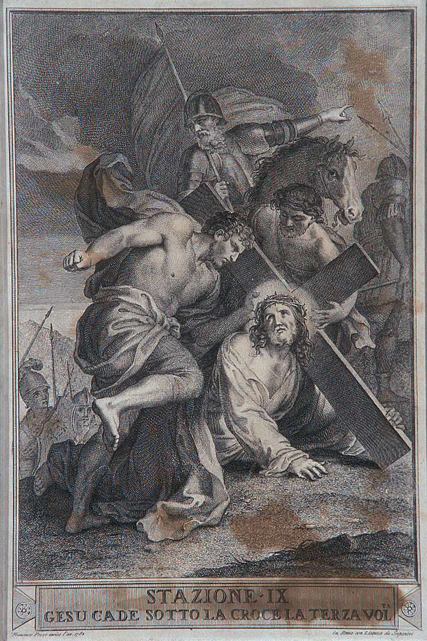 stazione IX: Gesù cade sotto la croce la terza volta (stampa, elemento d'insieme) di Pozzi Francesco (ultimo quarto sec. XVIII)