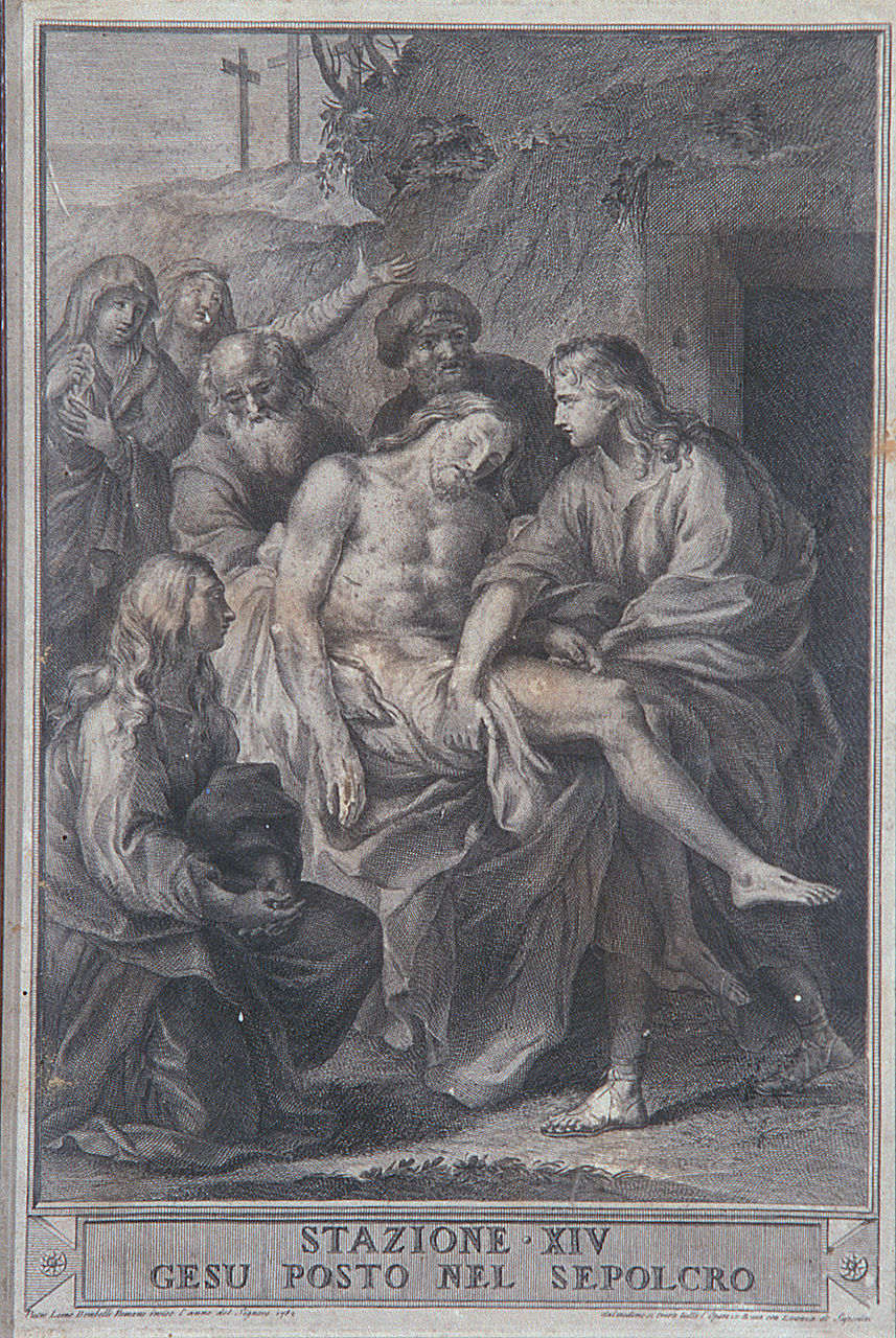 stazione XIV: Gesù deposto nel sepolcro (stampa, elemento d'insieme) di Bombelli Pietro Leone (ultimo quarto sec. XVIII)