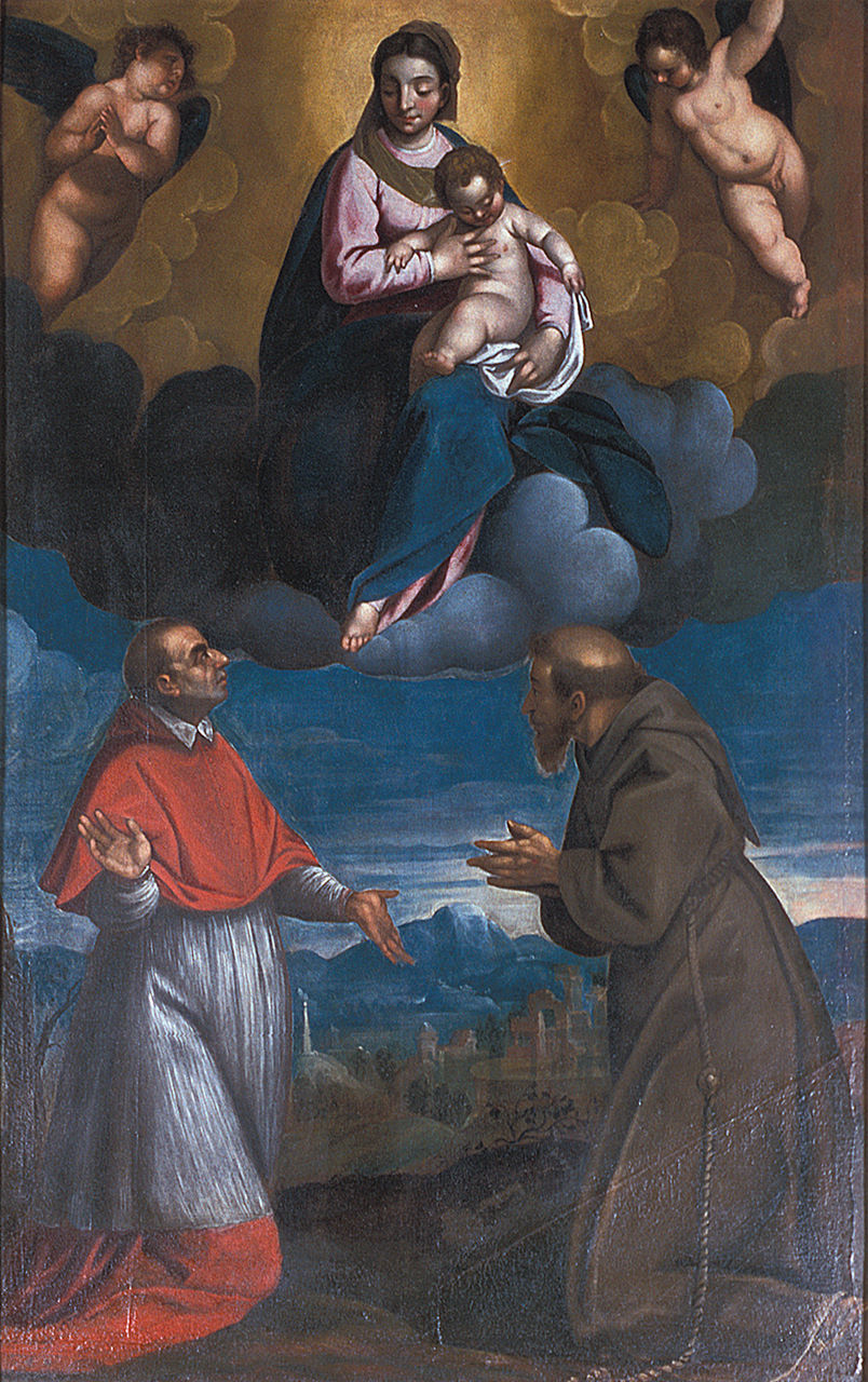 Madonna con Gesù Bambino appare a San Carlo Borromeo e San Francesco d'Assisi (dipinto, elemento d'insieme) - ambito ferrarese (metà sec. XVII)