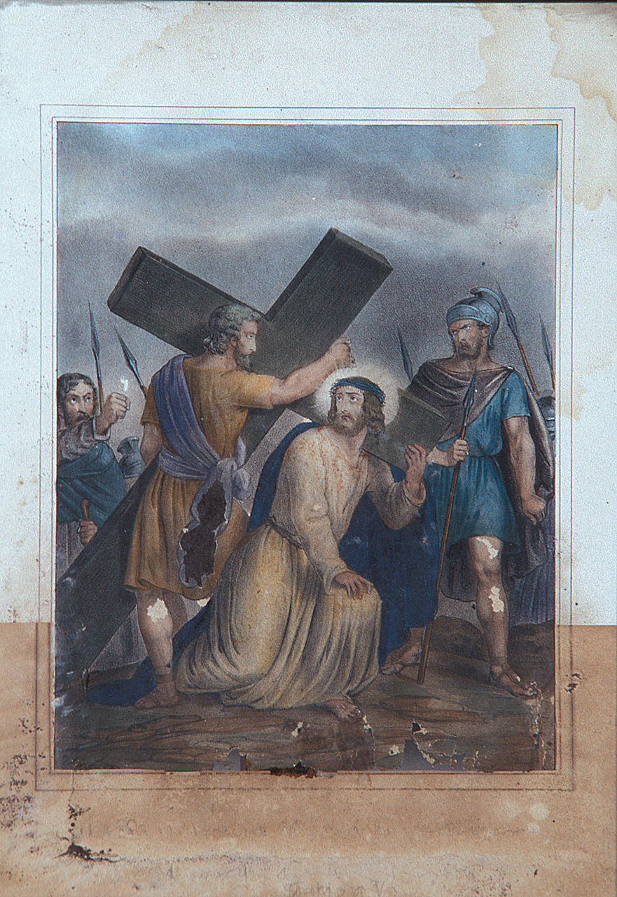 stazione V: Gesù aiutato da Simone il Cireneo a portare la croce (stampa, elemento d'insieme) - ambito francese (seconda metà sec. XIX)