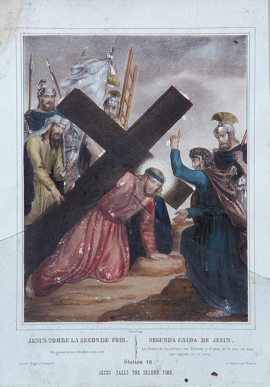 stazione VII: Gesù cade sotto la croce la seconda volta (stampa, elemento d'insieme) - ambito francese (seconda metà sec. XIX)