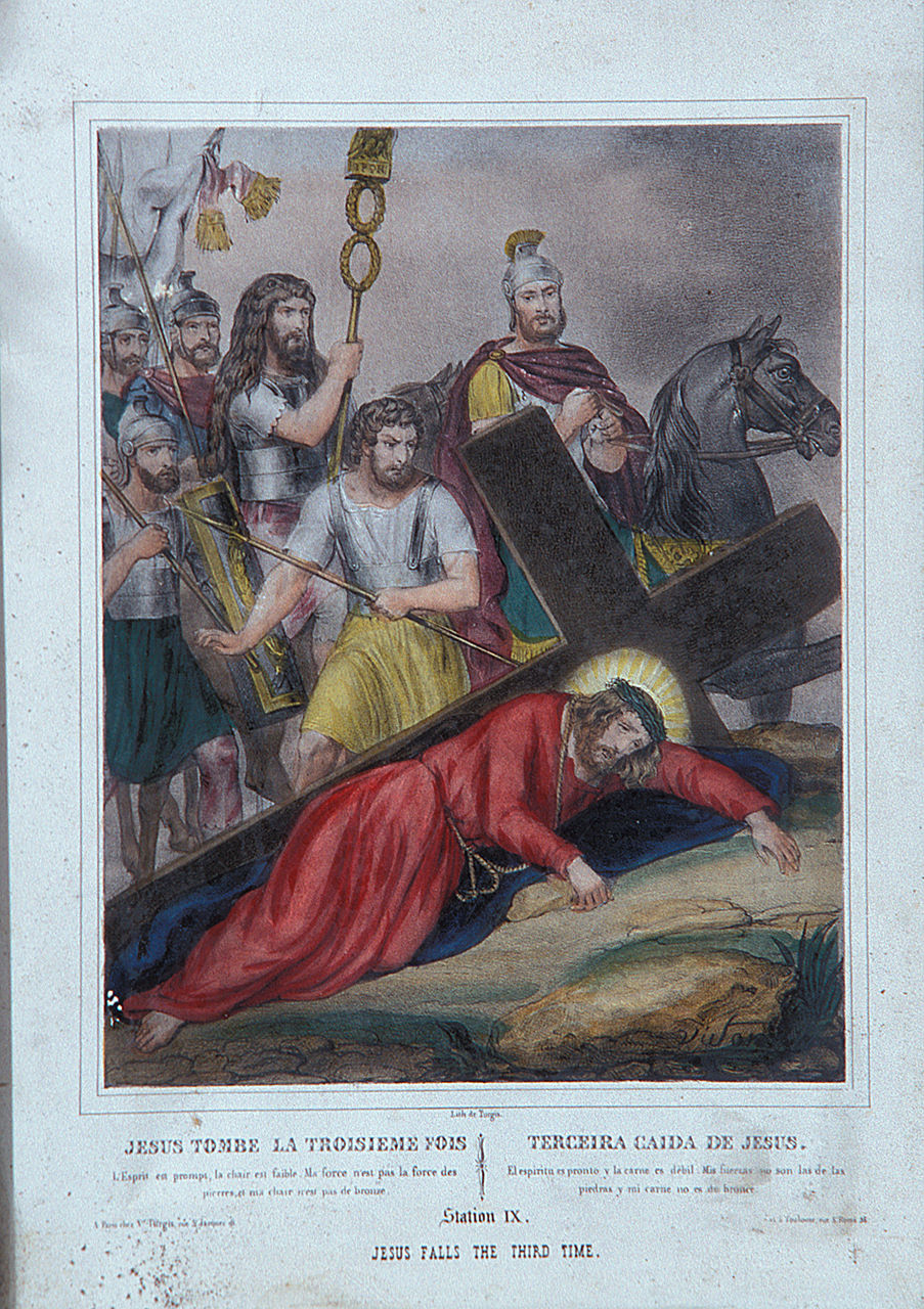 stazione IX: Gesù cade sotto la croce la terza volta (stampa, elemento d'insieme) - ambito francese (seconda metà sec. XIX)