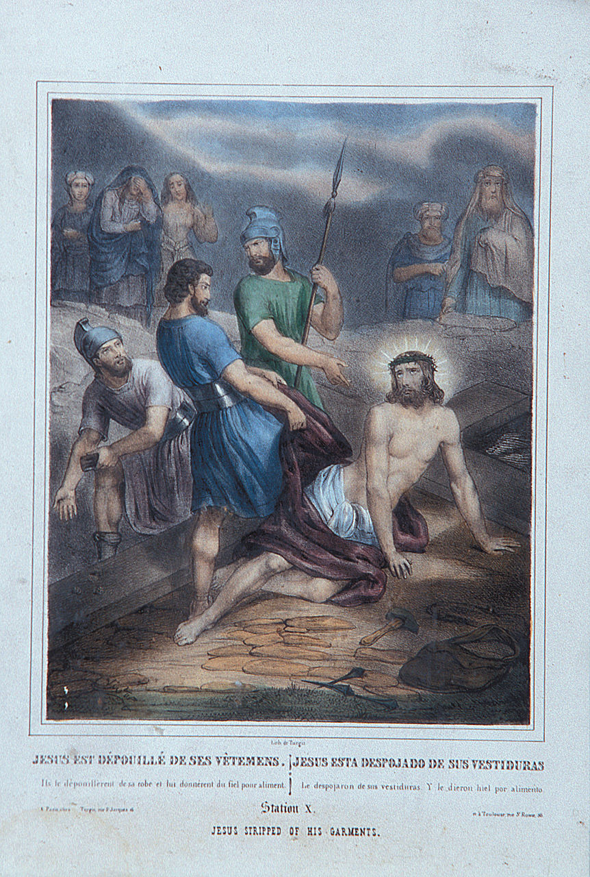 stazione X: Gesù spogliato e abbeverato di fiele (stampa, elemento d'insieme) - ambito francese (seconda metà sec. XIX)