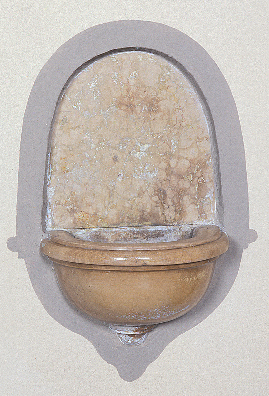 acquasantiera da parete, serie - bottega ferrarese (secc. XVIII/ XIX)