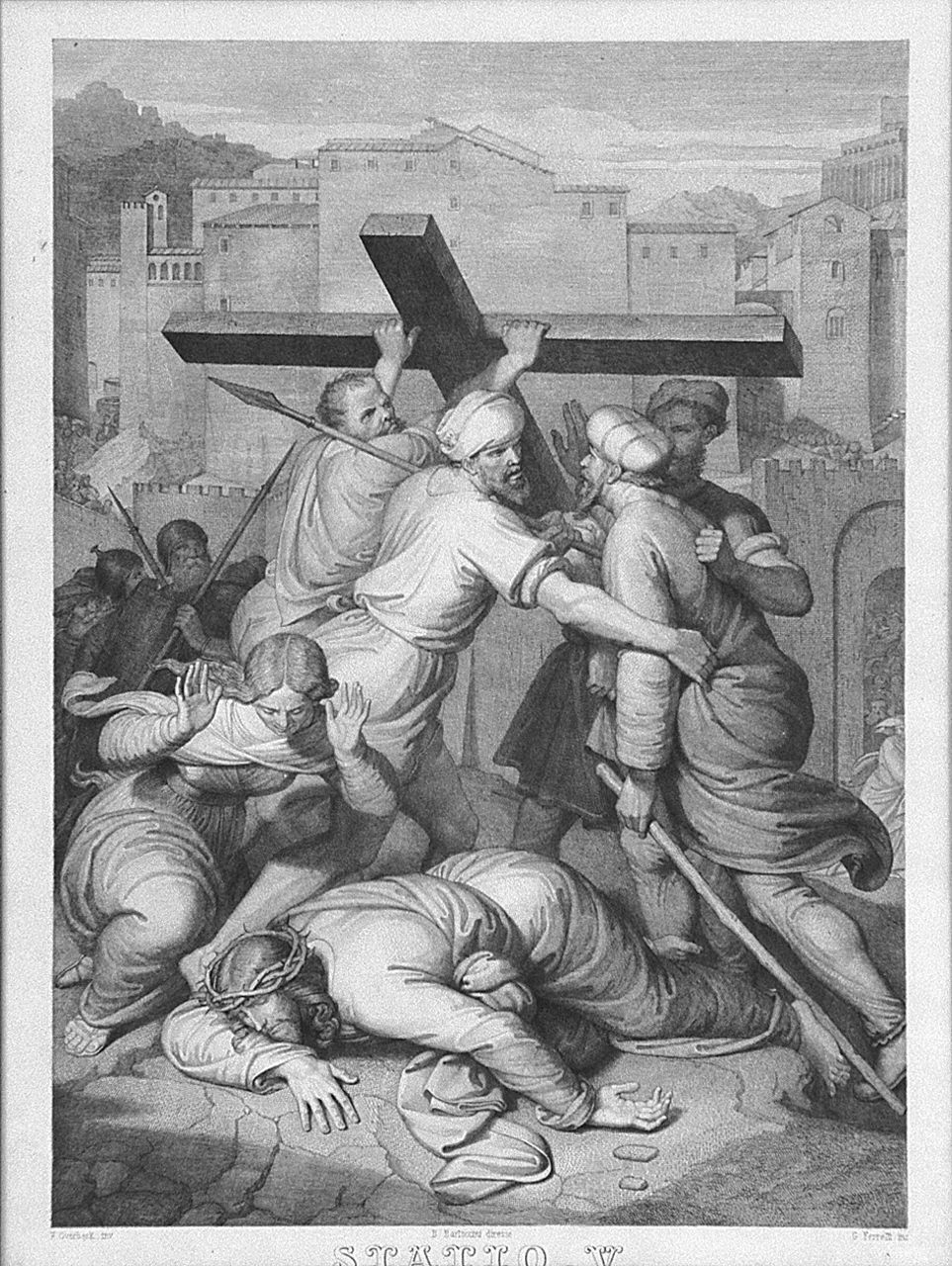 Gesù Cristo aiutato dal cireneo a portare la croce (Via Crucis V) (stampa, elemento d'insieme) - ambito emiliano (sec. XIX)