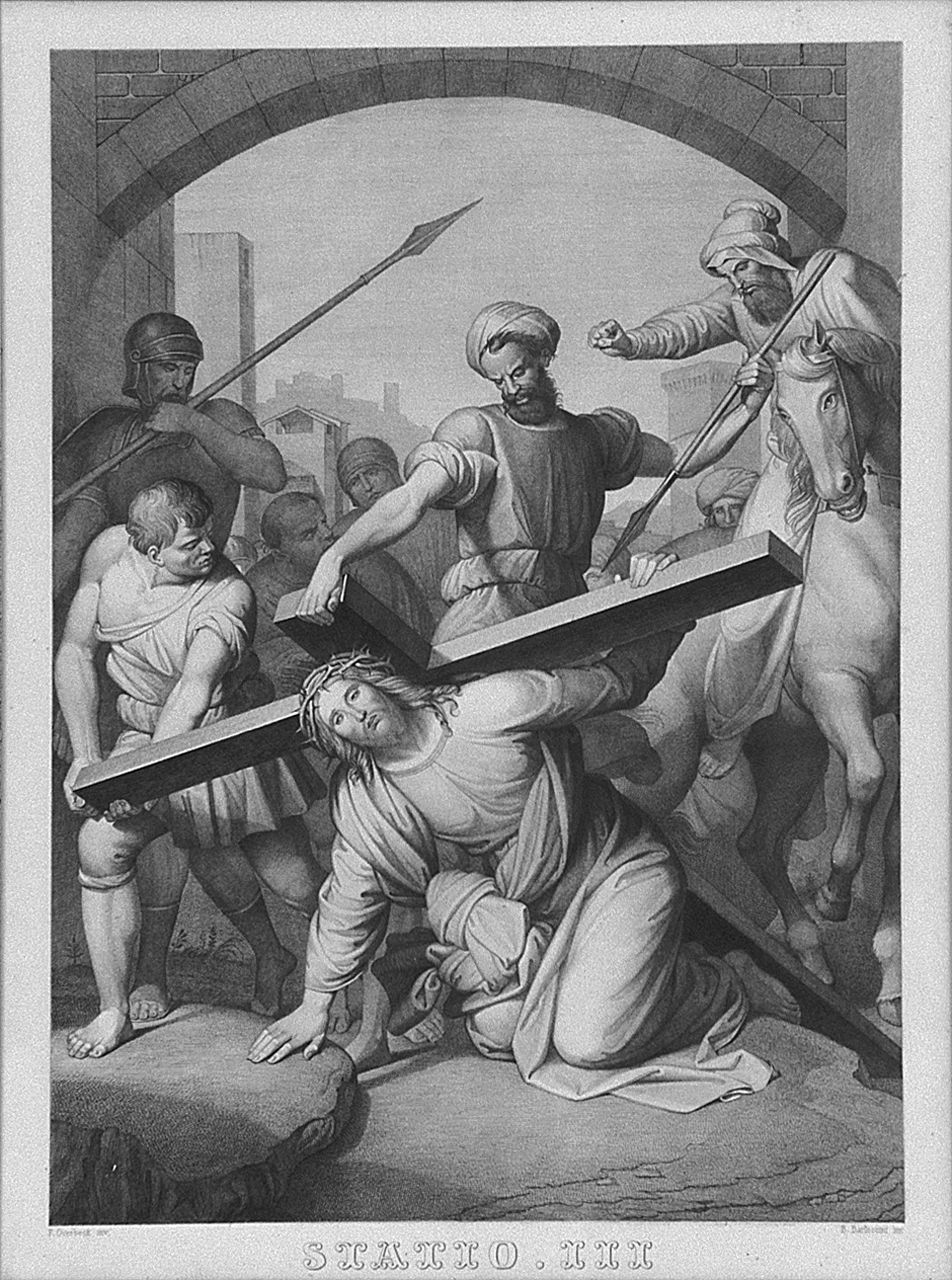 Gesù Cristo cade la prima volta (Via Crucis III) (stampa, elemento d'insieme) - ambito emiliano (sec. XIX)