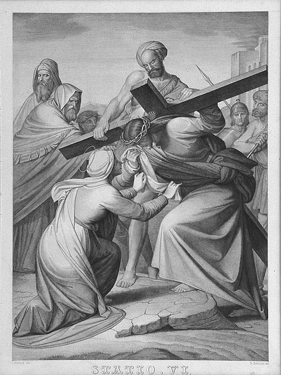 Gesù Cristo asciugato dalla Veronica (Via Crucis VI) (stampa, elemento d'insieme) - ambito emiliano (sec. XIX)