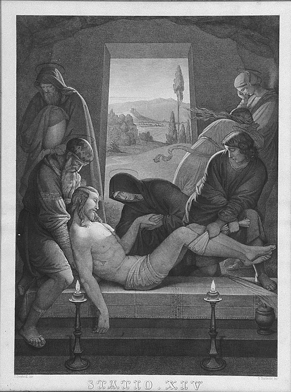 Gesù Cristo deposto nel sepolcro (Via Crucis XIV) (stampa, elemento d'insieme) - ambito emiliano (sec. XIX)