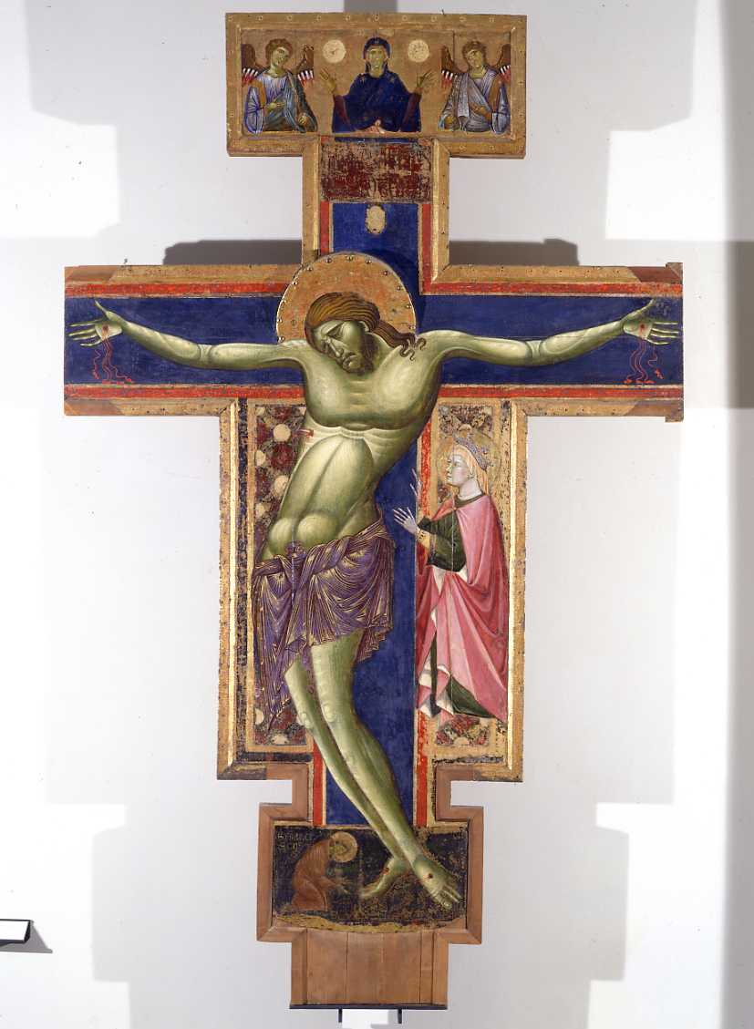 Cristo crocefisso; Sant'Elena; Madonna; Angeli; San Francesco d'Assisi (croce dipinta) di Maestro dei Crocifissi Blu, Jacopo di Paolo (sec. XIII, sec. XIV)