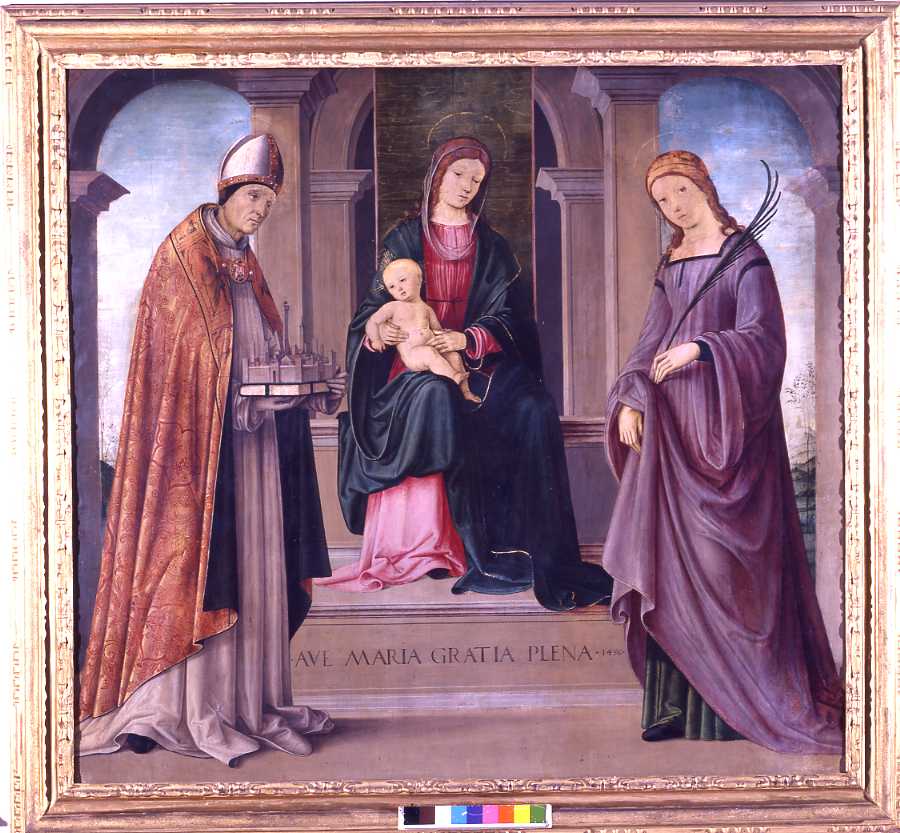 pala di S.Tecla, Madonna col Bambino in trono tra i Santi Petronio e Tecla (pala d'altare, opera isolata) di Costa Lorenzo il Vecchio (sec. XV)