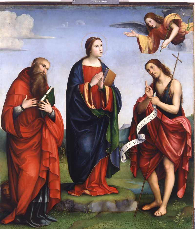 annunciazione e i Santi Giovanni Battista e Girolamo (pala d'altare, opera isolata) di Raibolini Francesco detto Francesco Francia (inizio sec. XVI)