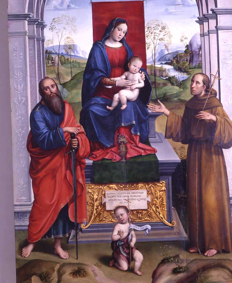 pala Scappi, Madonna col Bambino in trono e i Santi Paolo, Giovannino e Francesco (pala d'altare, opera isolata) di Raibolini Francesco detto Francesco Francia (fine sec. XV)