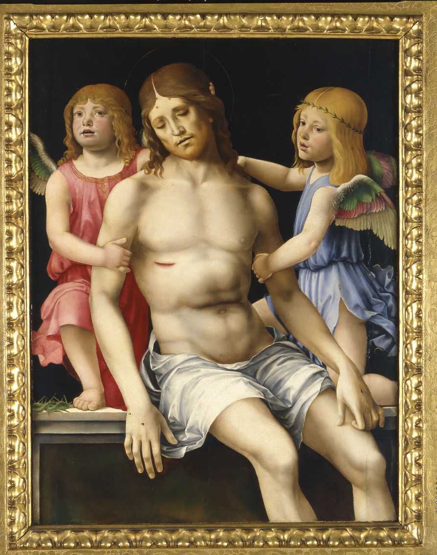 Gesù Cristo in pietà tra due angeli (cimasa di pala d'altare, elemento d'insieme) di Raibolini Francesco detto Francesco Francia (sec. XV)