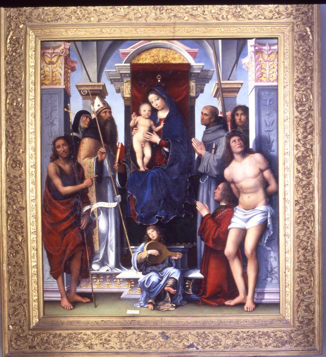 pala Felicini o del gioiello, Madonna col Bambino in trono tra i Santi Agostino, Francesco, Giovanni Battista, Procolo, Sebastiano, Monica, il donatore Bartolomeo Felicini e un angelo suonatore (pala d'altare, elemento d'insieme) di Raibolini Francesco detto Francesco Francia (sec. XV)