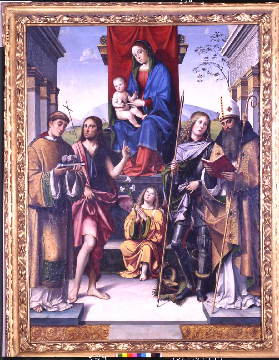 Pala Manzuoli o del cardellino, Madonna col Bambino in trono tra i Santi Agostino, Giorgio, Giovanni Battista e Stefano (pala d'altare, elemento d'insieme) di Raibolini Francesco detto Francesco Francia (sec. XV)