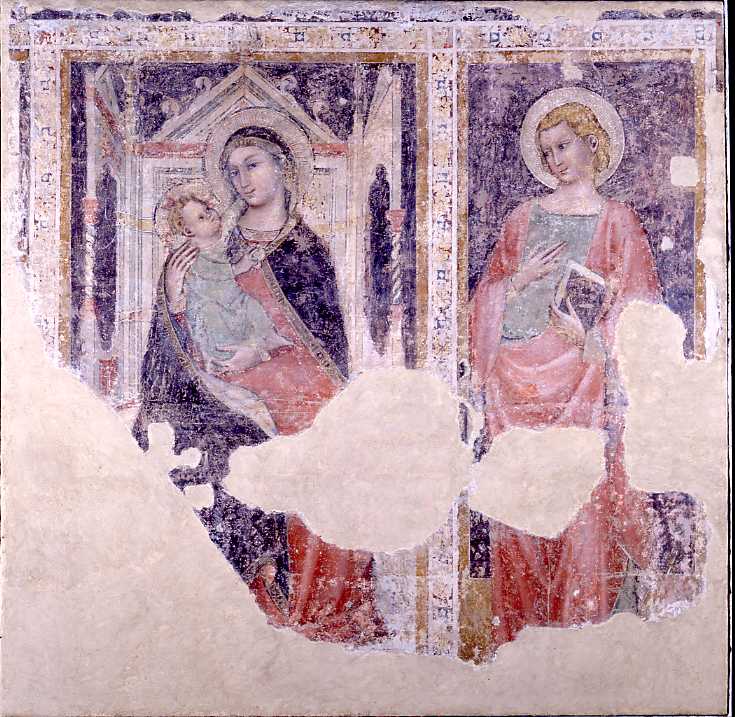 Madonna con Bambino in trono e San Giovanni Evangelista (dipinto) di Vitale da Bologna (scuola) (sec. XIV)