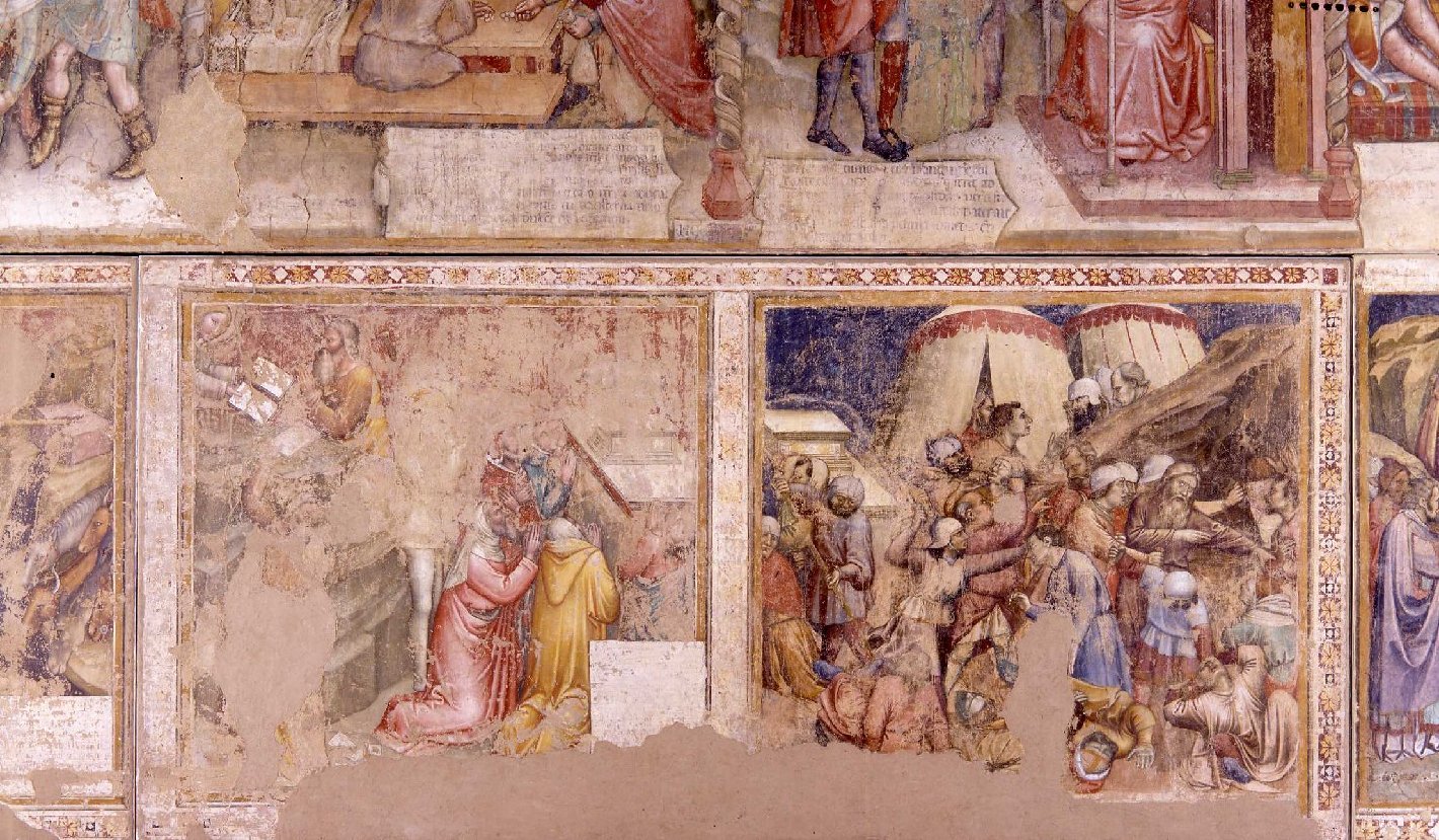 Mosè con le tavole della legge scende dal monte Sinai; adorazione del vitello d'oro (dipinto, ciclo) di Cristoforo da Bologna (attribuito) (sec. XIV)