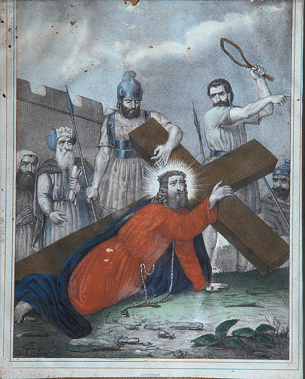 Gesù Cristo aiutato dal cireneo a portare la croce (Via Crucis V) (stampa, elemento d'insieme) - bottega italiana (sec. XIX)