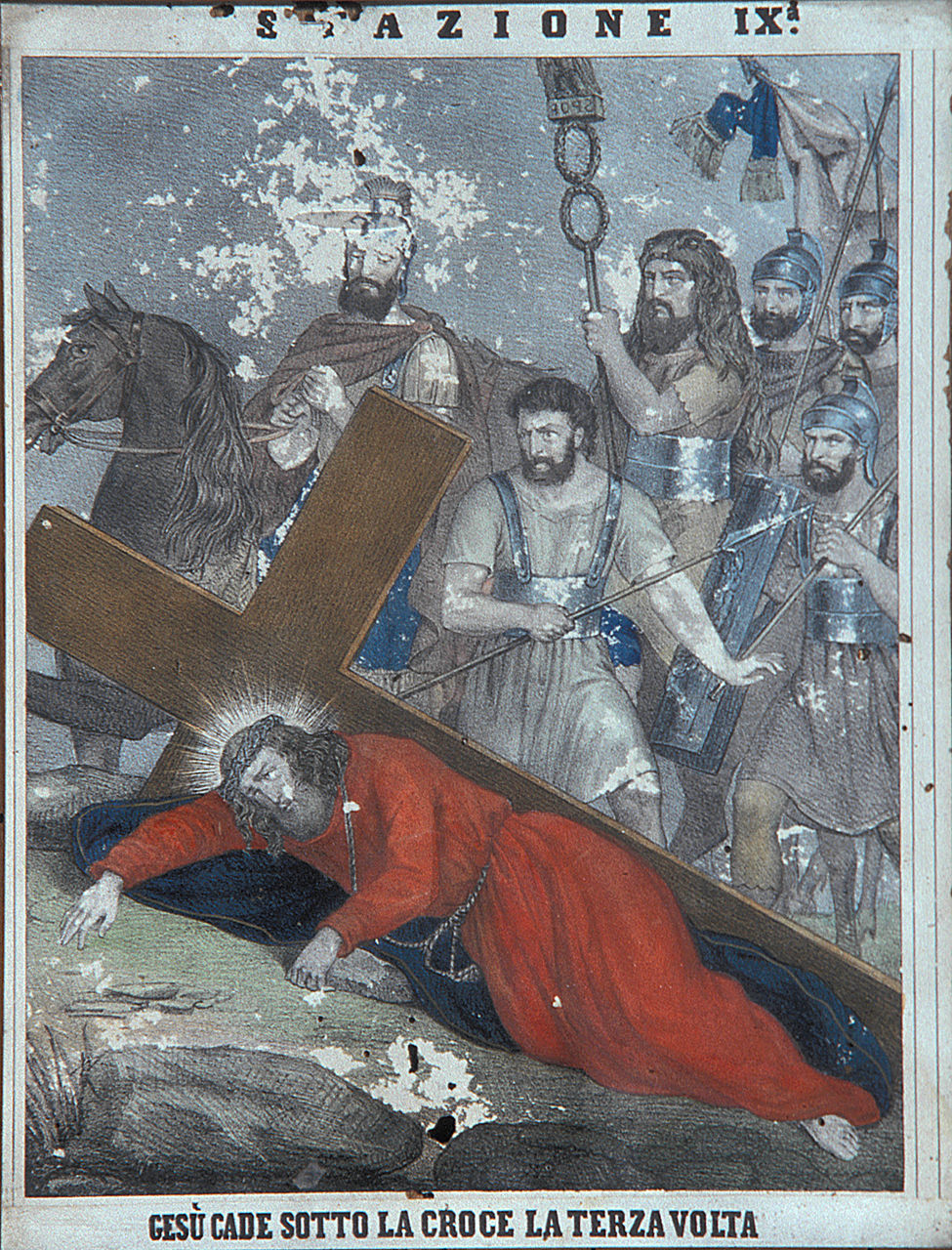 Gesù Cristo cade la terza volta (Via Crucis IX) (stampa, elemento d'insieme) - bottega italiana (sec. XIX)