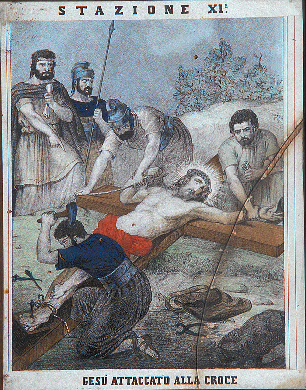 Gesù Cristo inchiodato alla croce (Via Crucis XI) (stampa, elemento d'insieme) - bottega italiana (sec. XIX)