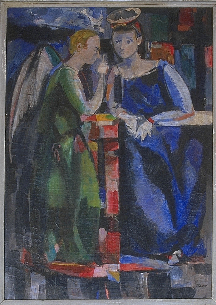 Maria riceve l'annuncio dell'Angelo (Annunciazione) (dipinto, opera isolata) di Spreafico Leonardo (sec. XX)