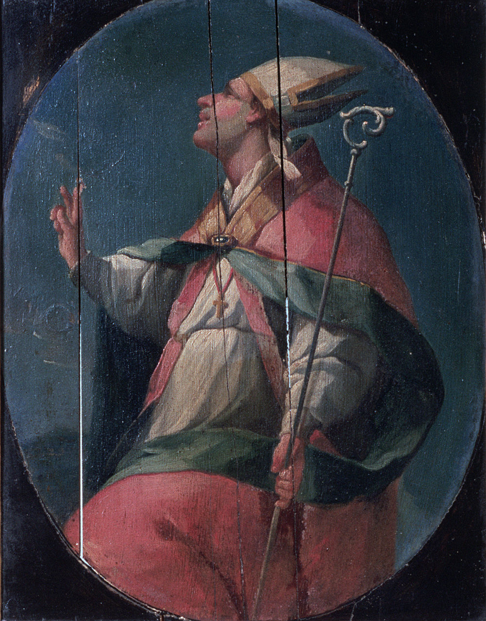 Santo vescovo (dipinto, elemento d'insieme) - ambito ferrarese (prima metà sec. XVII)