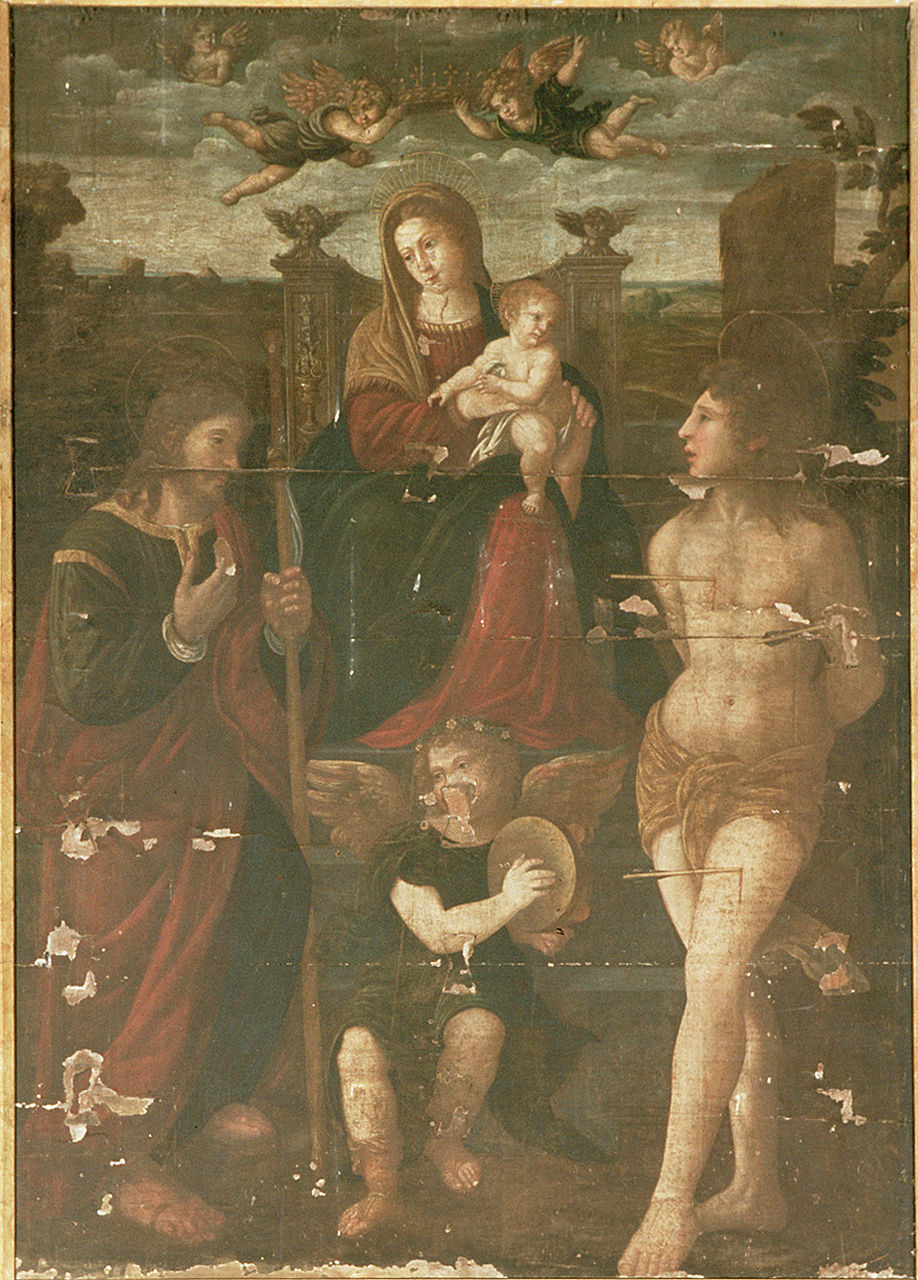 Madonna in trono con San Rocco e San Sebastiano (pala d'altare, elemento d'insieme) - ambito ferrarese (seconda metà sec. XVI)