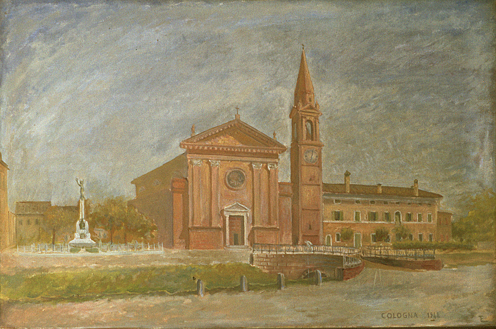 Veduta della chiesa di Cologna (dipinto, opera isolata) - ambito ferrarese (sec. XX)