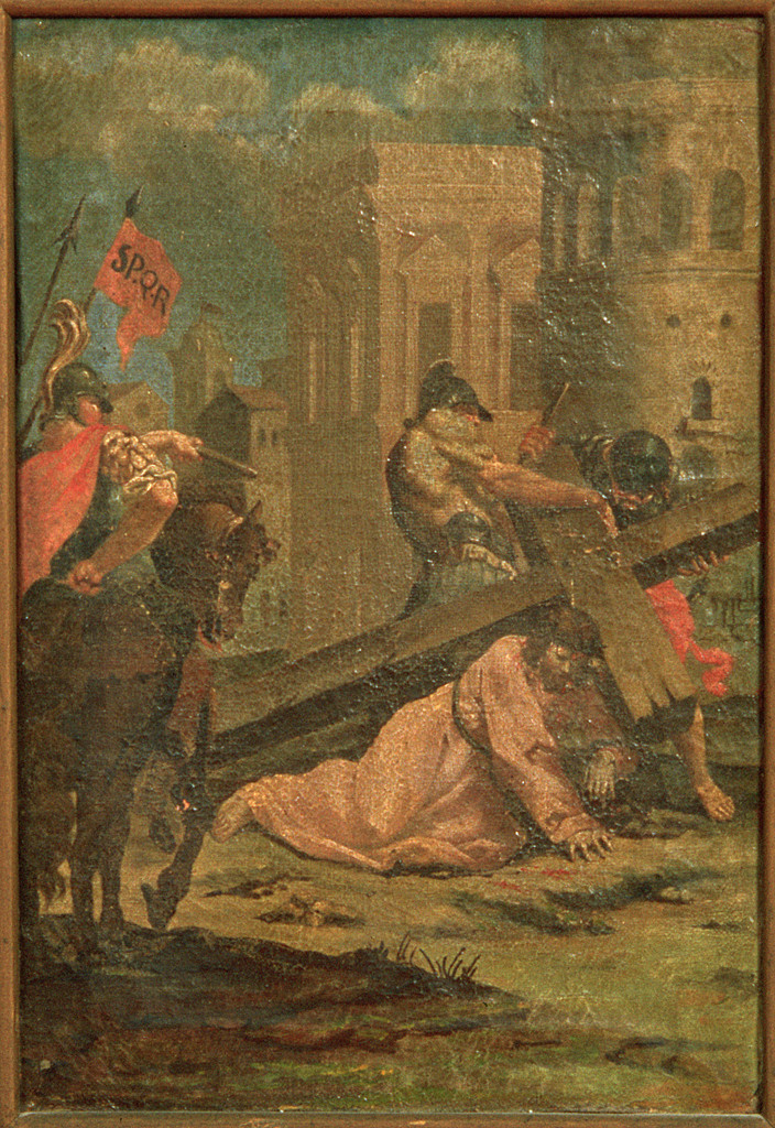 Gesù Cristo aiutato dal cireneo a portare la croce (Via Crucis V) (dipinto, elemento d'insieme) - ambito ferrarese (sec. XVIII)