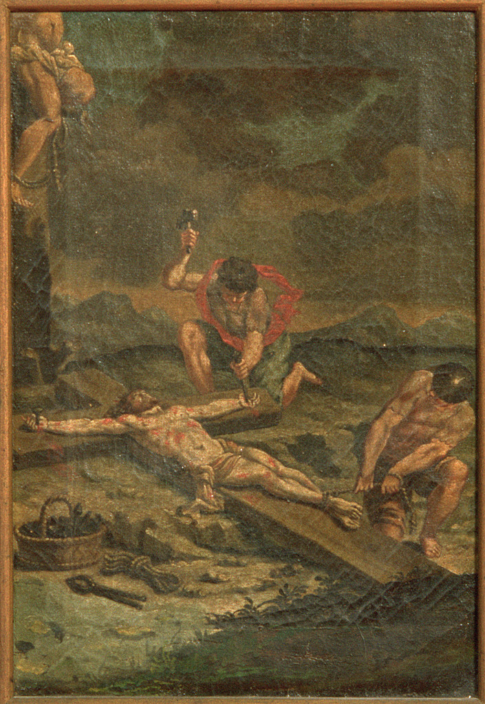 Gesù Cristo inchiodato alla croce (Via Crucis XI) (dipinto, elemento d'insieme) - ambito ferrarese (sec. XVIII)