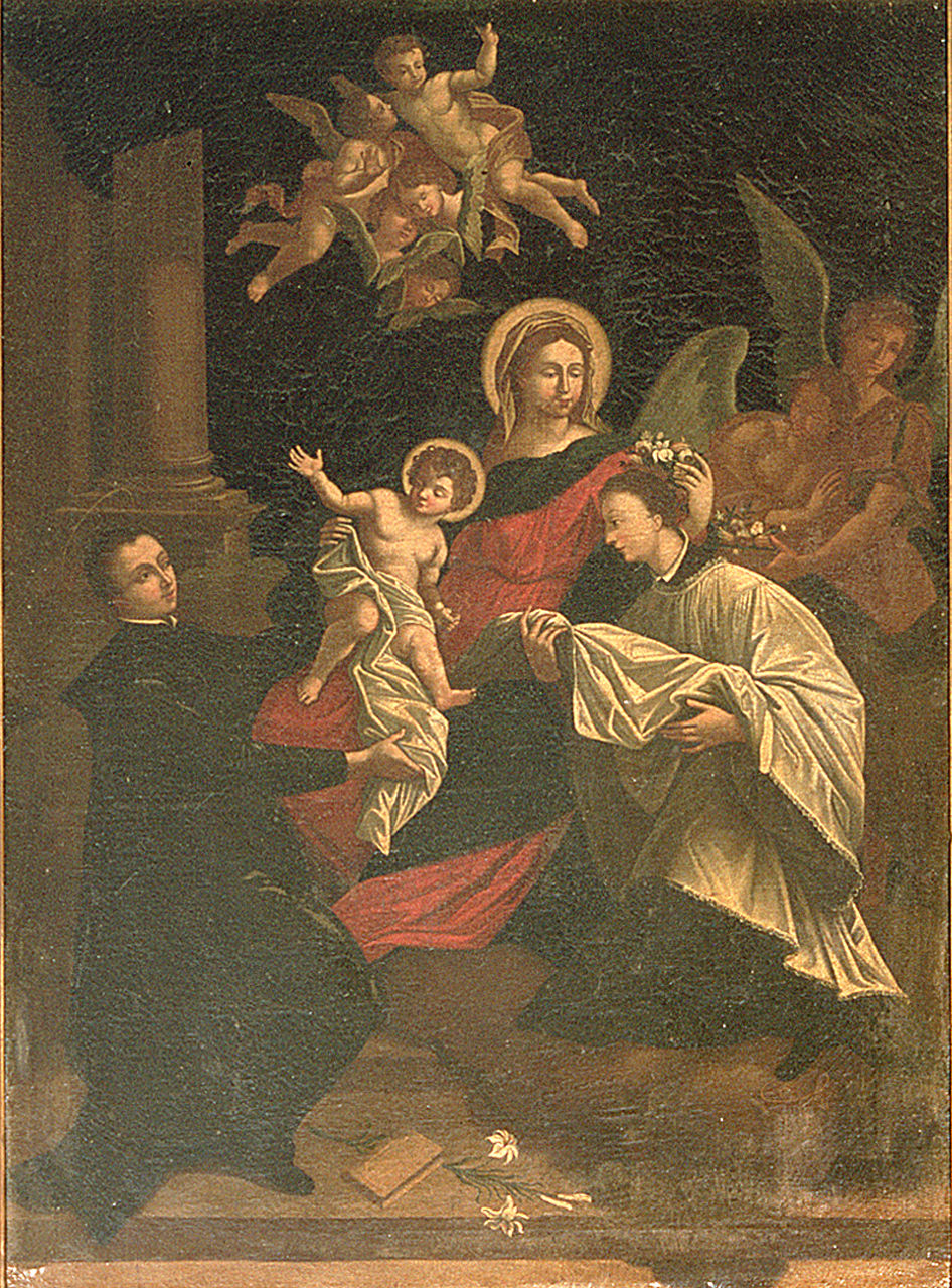 Madonna con Gesù Bambino, San Luigi Gonzaga e San Gaetano (dipinto, elemento d'insieme) - ambito ferrarese (sec. XVIII)