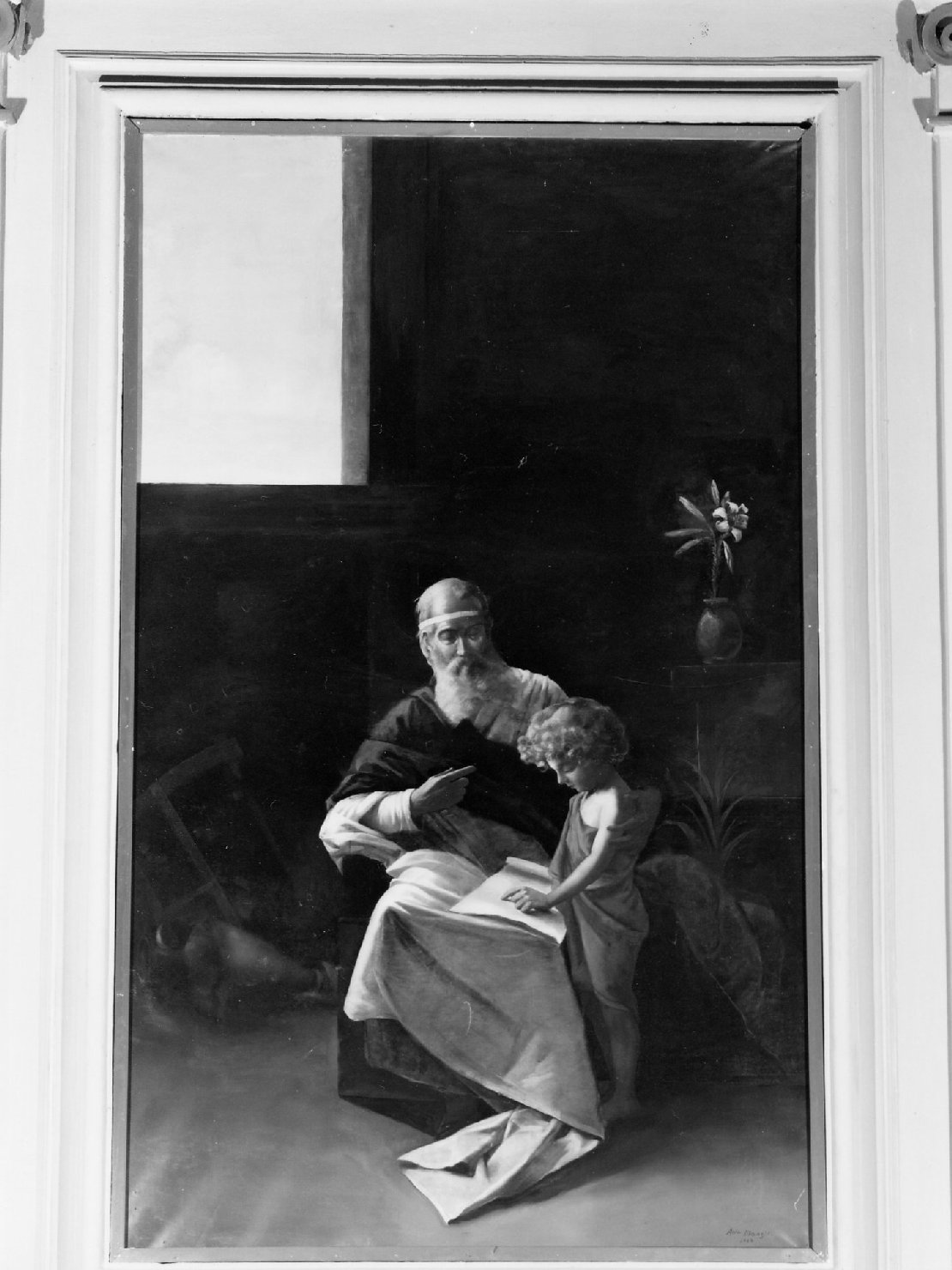 San Giuseppe insegna a leggere a Gesù Bambino (dipinto) di Mangilli Francesetti Ada (sec. XIX)