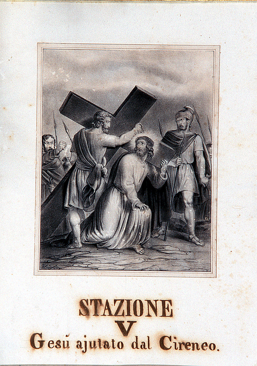 Gesù Cristo aiutato dal cireneo a portare la croce, stazioni della via crucis (incisione, ciclo) - ambito ferrarese (sec. XIX)