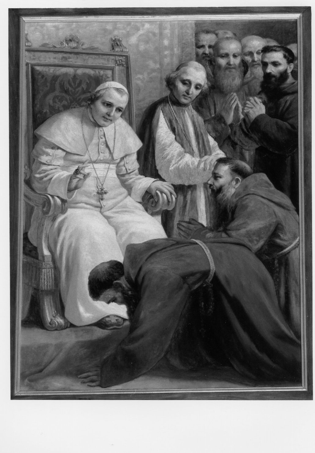 Papa Pio IX riceve l'omaggio di alcuni padri Cappuccini (dipinto) di Piancastelli Giovanni (primo quarto sec. XX)