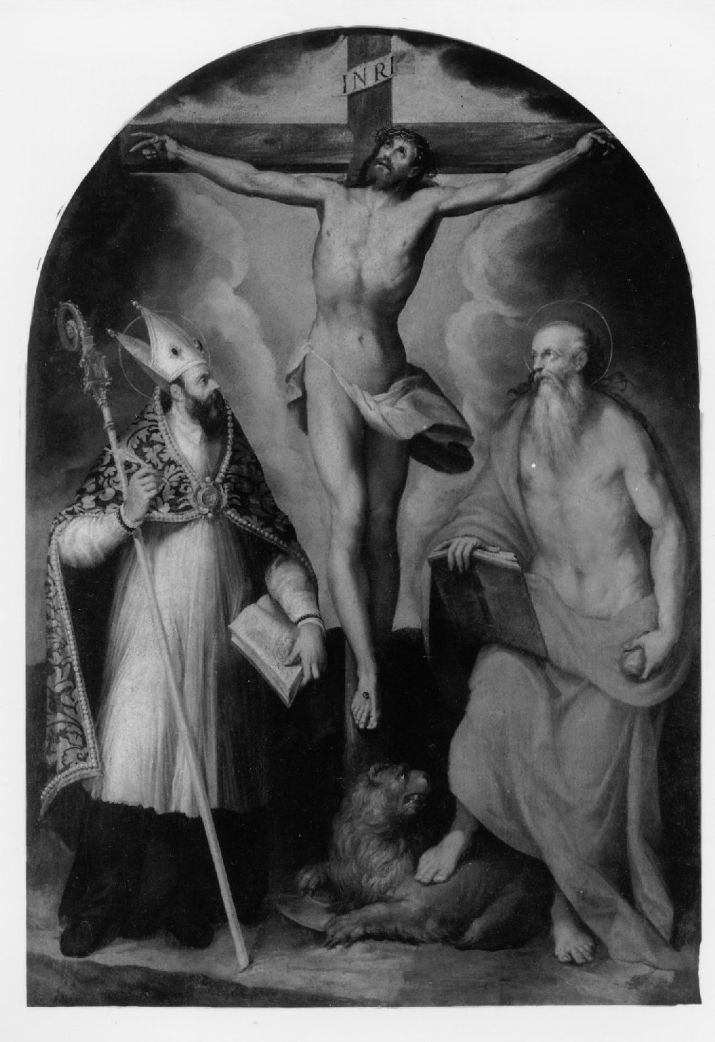 Crocifisso tra Sant'Agostino e San Girolamo (dipinto) di Passarotti Bartolomeo (seconda metà sec. XVI)
