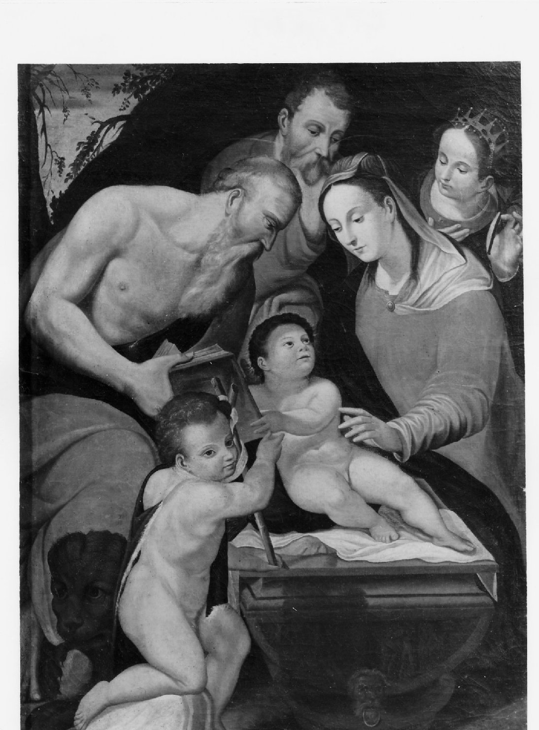 Sacra Famiglia con San Girolamo, San Giovannino e una santa martire (dipinto) - ambito bolognese (fine/inizio secc. XVI/ XVII)