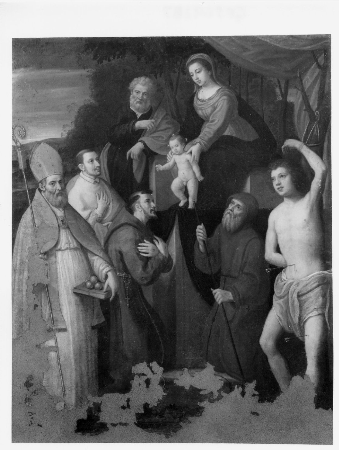 Sacra famiglia con San Nicola, San Carlo Borromeo, San Francesco d'Assisi, San Francesco da Paola e San Sebastiano (dipinto) di Bambini Jacopo (sec. XVII)