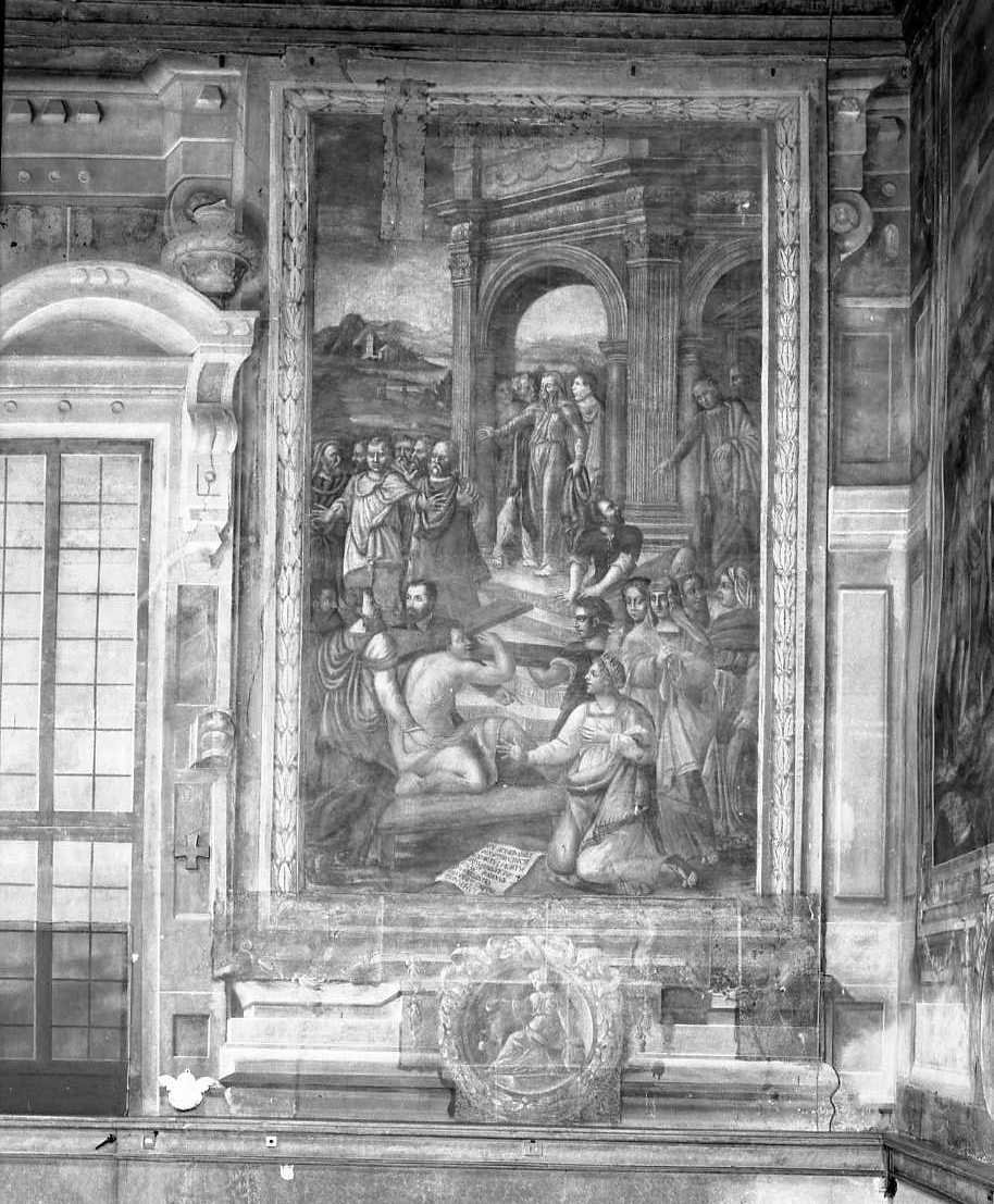 la Croce miracolosa resuscita un morto (dipinto) di Filippi Camillo (cerchia) (sec. XVI)