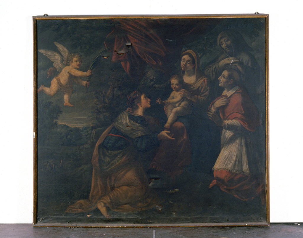 Madonna con Bambino e Santa Lucia alla presenza di San Carlo Boromeo e San Francesco (dipinto) - ambito emiliano (sec. XVII)