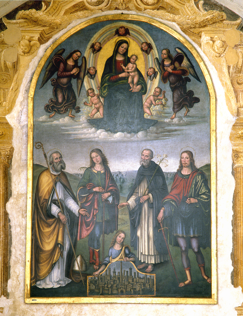 Madonna con Gesù Bambino, san Floriano,san Domenico,san Petronio,san Procolo e un angelo che mostra una veduta di Bologna (pala d'altare) di Banci Ercole detto Ercole da Bologna (attribuito) (sec. XVI)