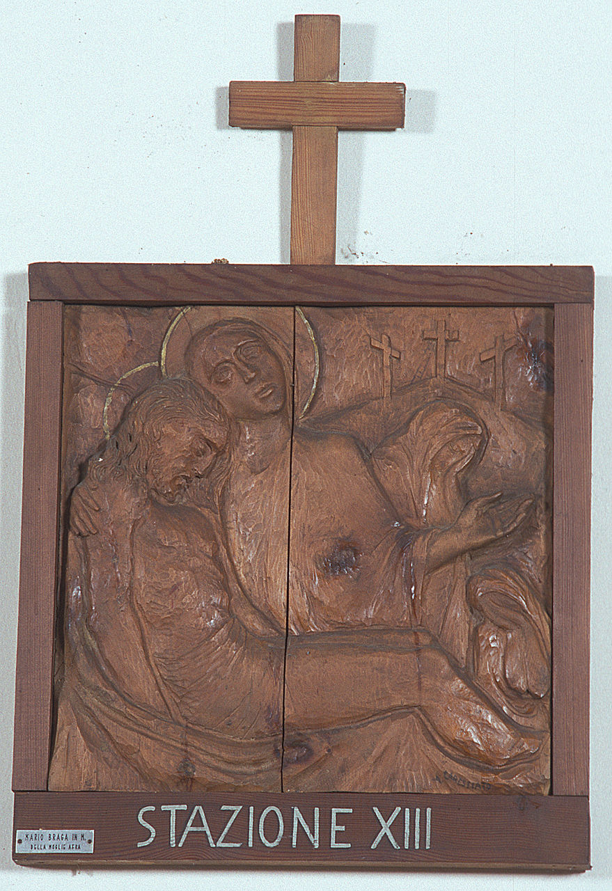 Gesù Cristo deposto dalla croce, stazioni della via crucis (rilievo, ciclo) di Carestiato Antonio (sec. XX)