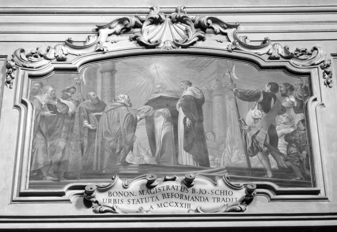 Il magistrato bolognese consegna gli statuti della città al beato Giovanni di Schio (dipinto, elemento d'insieme) di Bigari Vittorio Maria (sec. XVIII)