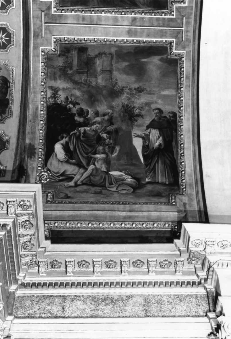 San Domenico resuscita un muratore (dipinto, elemento d'insieme) di Righetti Mario (sec. XVII)