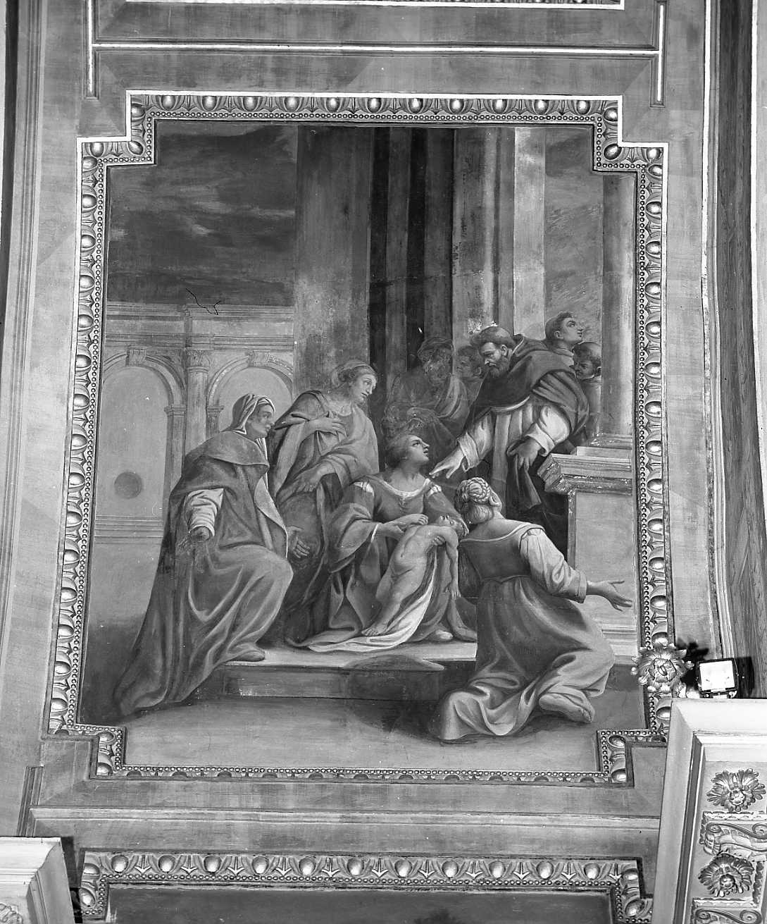 San Domenico resuscita un bambino (dipinto, elemento d'insieme) di Righetti Mario (sec. XVII)