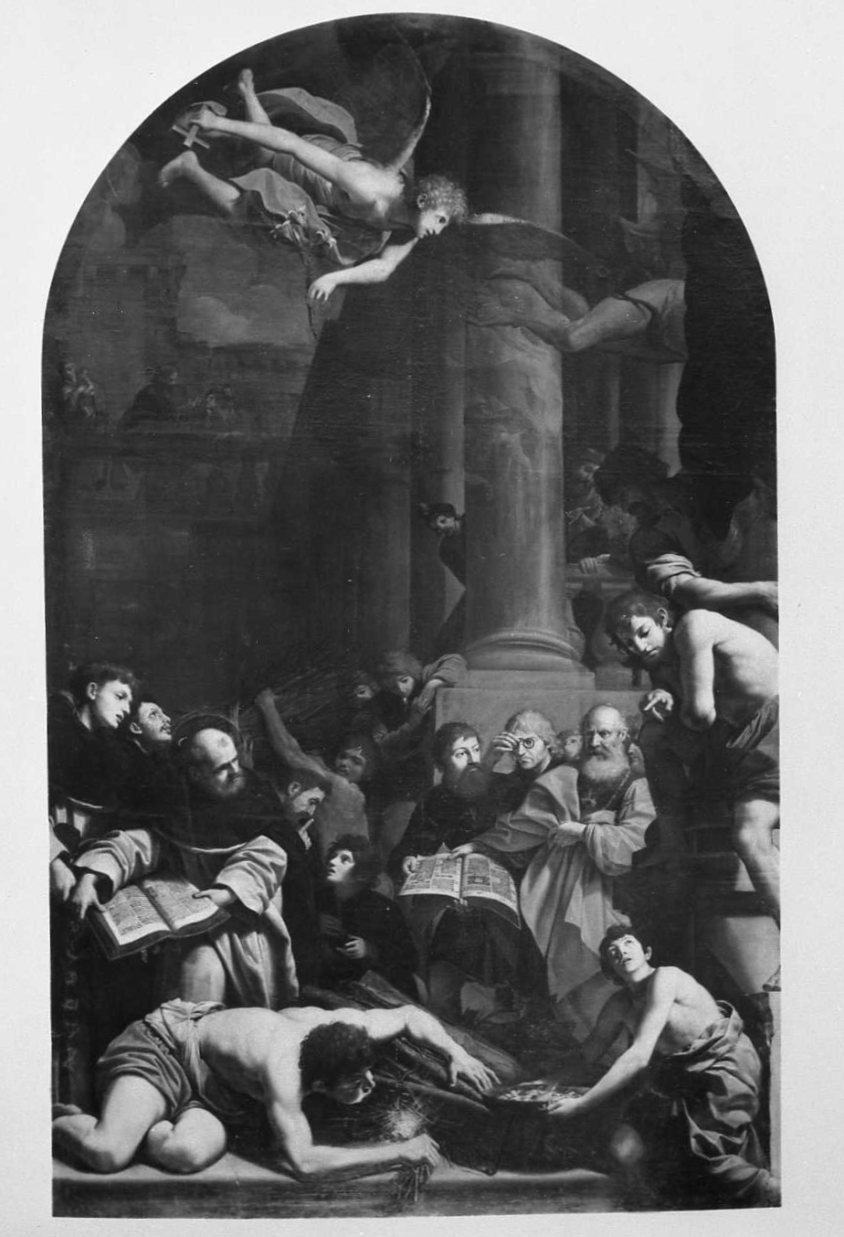 San Domenico e l'esperimento dei libri ortodossi (dipinto) di Spada Lionello (sec. XVII)