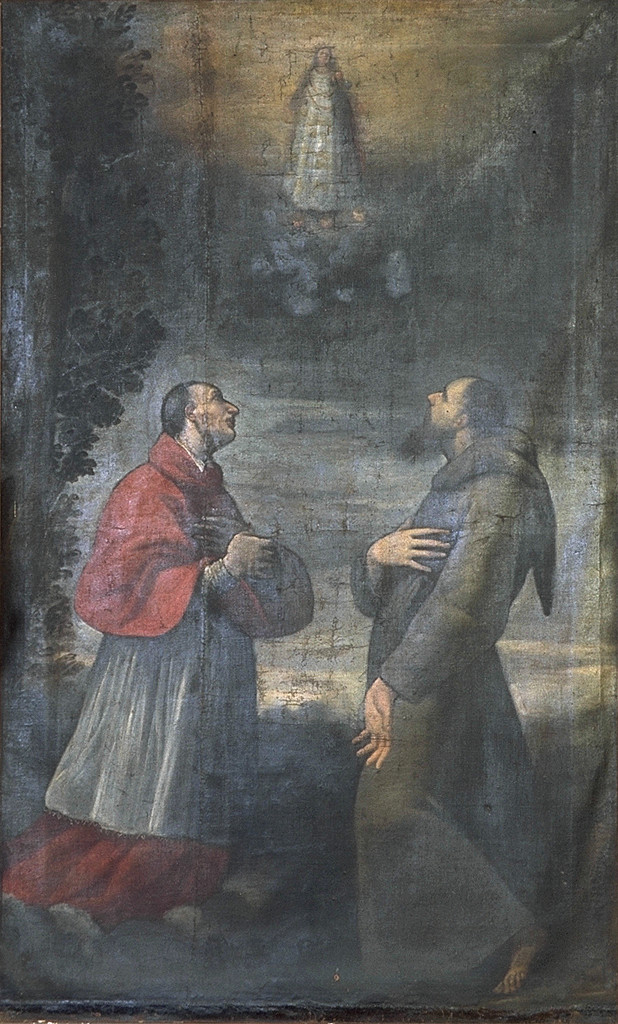 Madonna di Loreto con San Carlo Borromeo e San Francesco, Madonna con Bambino e Santi (dipinto) - ambito ferrarese (metà sec. XVII)