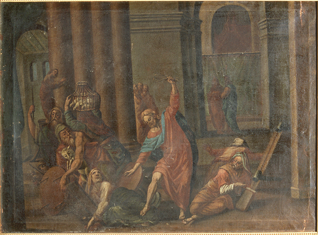Cristo caccia i mercanti dal tempio (dipinto, coppia) - ambito ferrarese (prima metà sec. XVIII)