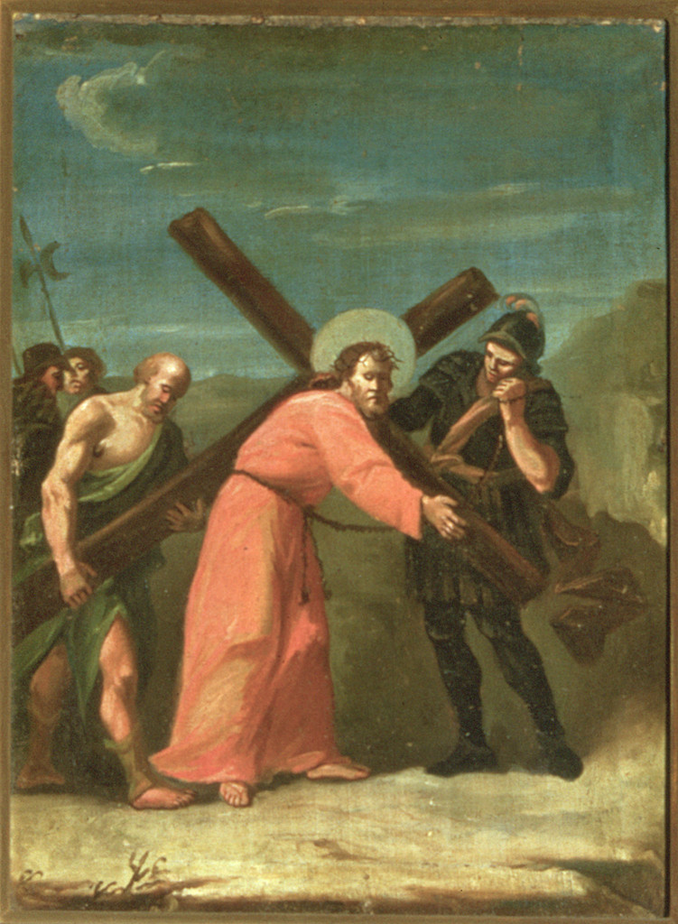 Gesù Cristo aiutato dal cireneo a portare la croce, stazioni della via crucis (dipinto, ciclo) - ambito ferrarese (seconda metà sec. XVIII)